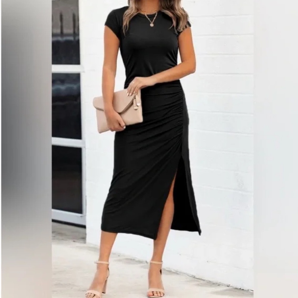 Cupshe Black Ruched Side Midi Tee Dress Size XL